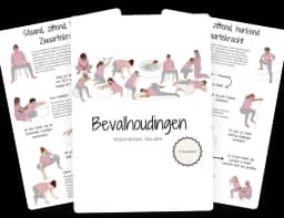 Drie pagina's uit de PDF Bevalhoudingen, met tekeningen van verschillende houdingen