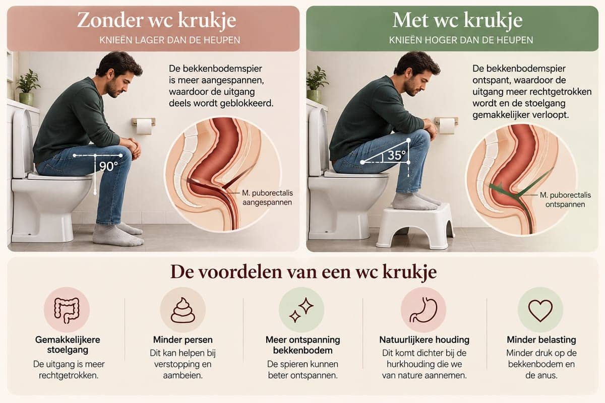 Infographic van iemand op het toilet zonder en met wc-krukje: met krukje komen de knieën hoger dan de heupen en kan de bekkenbodemspier ontspannen